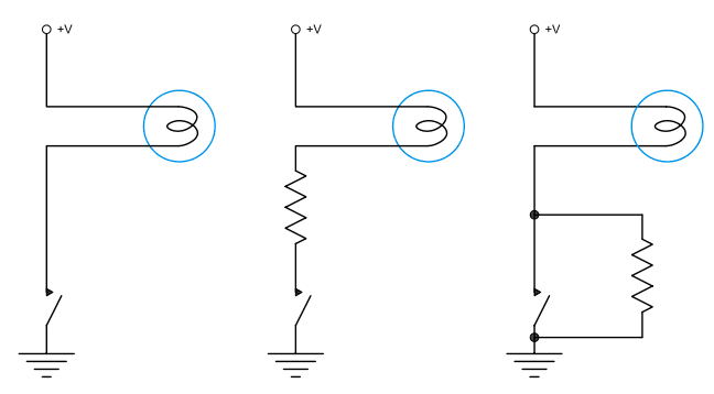 如在开关加设一组并联的电阻器，这样可以容许一道微量电流流动，加热电灯泡的乌丝，当开关闭合时，由于乌丝是热的，这样就不会引发起突入电流了
